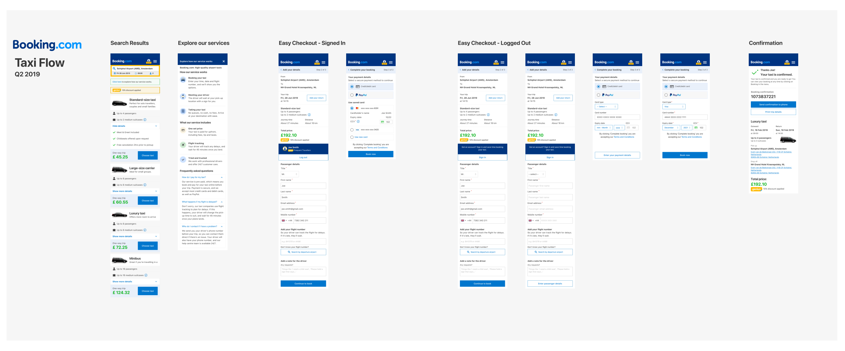 Taxi Flow Q2 2019 — full screen flow from search results to confirmation